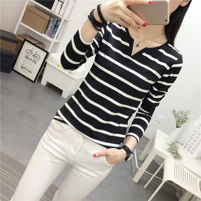 Women's Stripe Single-breasted Long-sleeve T-shirt 2P